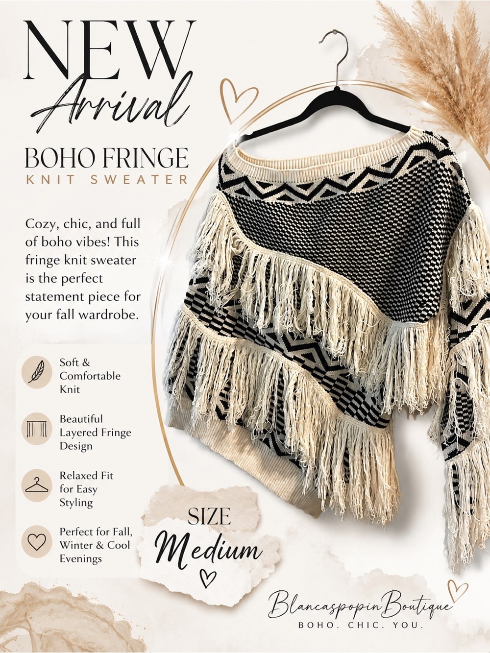 Boho Fringe Knit Sweater - Cream & Black
